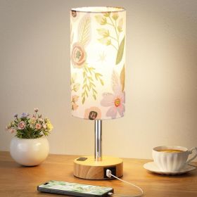 Floral Touch Lamp for Bedroom- 3 Way Dimmable Bedside Lamp USB C A Charging Ports and AC Outlet, Small Table Lamp Floral Linen Lampshade for Gift