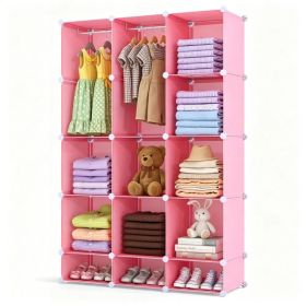 3-Cube Pink Modular Kids Closet, PP & Metal Storage Organizer with Hanging Rods, Tool-Free Assembly Baby Wardrobe for Clothes Toys Books (Option: default title)