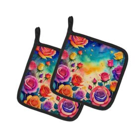Colorful Roses Pair of Pot Holders Kitchen Heat Resistant Pot Holders Sets Oven Hot Pads for Cooking Baking BBQ, 7 1/2 x 7 1/2 (Option: default)