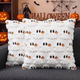 Halloween Ghost Cream White Throw Pillow Covers Pumpkin Soft Plush Faux Fur Jacquard Cushion Case Decoration For Sofa Couch Set Of 2 (Option: White)