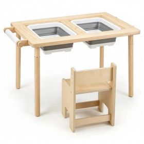 6-in-1 Kids Adjustable Height Sensory Activity Table with Chair, Natural Pine Wood Water Sand Play Table Building Block Art Craft Center for Todd (Option: default title)