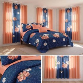 9-Piece Deep Blue And Red Floral Bedspread And Curtain Set, Reversible Microfiber Bedding Set For Queen, King And California King (Option: California King)