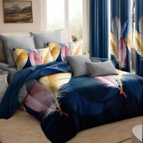 9-Piece Feather Print Bedding & Curtain Set (Queen/King/Cal King) - Quilted Microfiber Bedspread + Sheer Curtains (Option: Blue Feather-CAL KING)