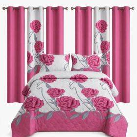 9-Piece Pink And White Rose Bedspread And Curtain Set For Queen And King (Option: QUEEN)