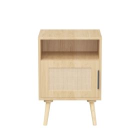 22.83'' H Rattan Nightstand, Side Table with Door Open Shelf, Accent Bedside End Table with Solid Wood Legs for Bedroom, Dorm and Small Spaces, O (Option: default title)