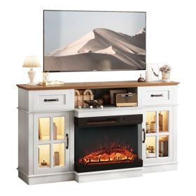 58 Inch Black Gold Oak Fireplace TV Stand with 25 Inch Add, 2 Doors 2 Drawers & Glass Shelves, Media Console 147.4 x 45 x 80 cm (Option: default title)
