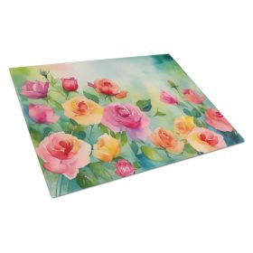 NEW Roses in Watercolor Glass Cutting Board Decorative Tempered Glass Kitchen Cutting and Serving Board Large Size Chopping Board (Option: default)