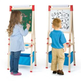 3-in-1 Wooden Kid's Easel Natural+Blue, Magnetic Chalkboard/Whiteboard 60 Accessories (Option: default title)