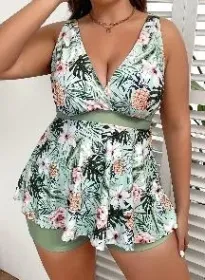 Swimsuits For Women Tropical Print V Neck Tops And Shorts Bathing Suits Two Piece Swimsuit (Option: 2xl)