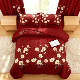 9-Piece Burgundy Red Floral Bedding & Curtain Combo Set, Elegant Wine Red Quilted Bedspread with 6 Light Filtering Window Panels & 2 Shams, Easy (Option: Burgundy Red with Elegant White Floral B-CAL KING)
