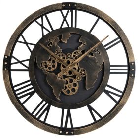 Brown Gear Wall Clock with World Map, 27" Large Non-Ticking Quartz Movement Decorative Home Clock (Option: default title)