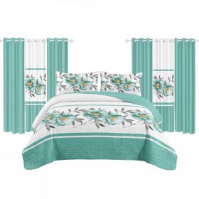 9 Piece Room In A Bag Quilt And Curtain Set, US Designer Teal Floral Botanical Print Heavyweight Bedspread With 6 Customizable Window Panels, Pet (Option: Twin)