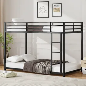 Twin Over Twin Metal Bunk Bed, Low Bunk Bed With Ladder, Bed Frame,Black, Sturdy Steel Construction, Safe Design, Easy Assembly, 250lb Upper Bed (Option: defaulttitle)