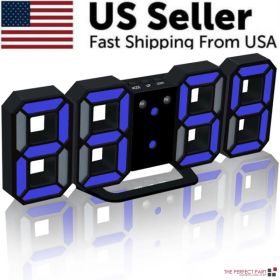 Digital 3D LED Big Wall Desk Alarm Clock Snooze 12/24 Hours Auto Brightness USB (Option: Black & Blue)