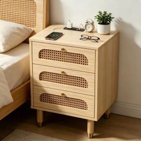 3-Drawer Nightstand with Rattan-Style Finish 15.75"*13.78"*23.82" with Power Outlet Oak (Option: default title)