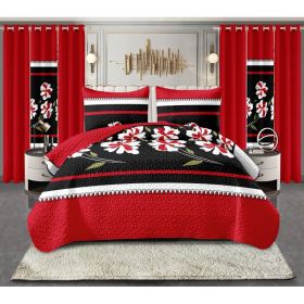 9-Piece Black Red Floral Bedspread Set With Curtains, Quilted Microfiber Bedding Set For Twin XL, King And Cal King (Option: Cal King)