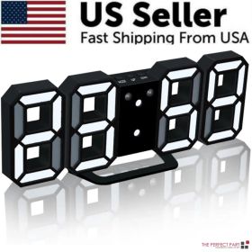 Digital 3D LED Big Wall Desk Alarm Clock Snooze 12/24 Hours Auto Brightness USB (Option: Black & White)