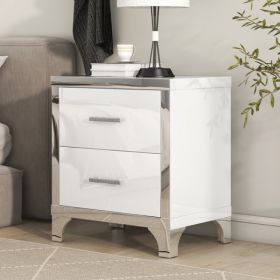 Elegant High Gloss Nightstand With Metal Handle,Mirrored Bedside Table With 2 Drawers For Bedroom,Living Room,White (Option: defaulttitle)