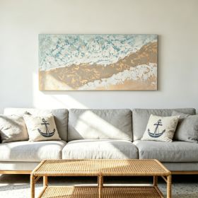 24x48 Neutral Beach Landscape Canvas Wall Art, Hand-Painted Thick Textured Coastal Painting, Aqua Blue & Beige Decor for Living Room, Ready to Ha (Option: Beige+Blue)