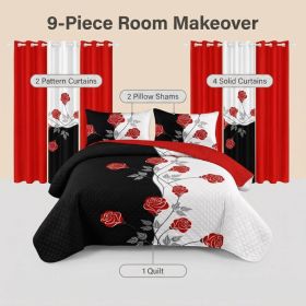 9-Piece Black and White Red Floral Quilt and Curtain Set, Reversible Microfiber Bedspread with 2 Pillow Shams and 6 Window Curtains, Queen, King (Option: California King)