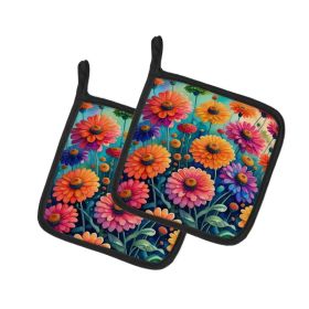 Colorful Zinnias Pair of Pot Holders Kitchen Heat Resistant Pot Holders Sets Oven Hot Pads for Cooking Baking BBQ, 7 1/2 x 7 1/2 (Option: default)