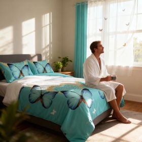 9-Piece Green Butterfly Bedspread And Curtain Set, Reversible Microfiber Bedding Set For King (Option: King)