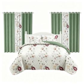 9 Piece Room In A Bag Quilt And Curtain Set, US Designer Sage Green Botanical Floral Print Heavyweight Bedspread With 6 Customizable Window Panel (Option: QUEEN)
