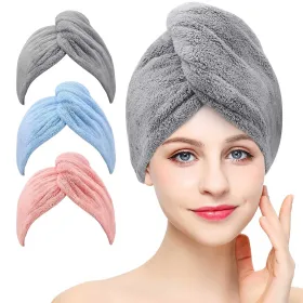 Women 3 PC Microfiber Hair Towel Wrap Ultra Absorbent Hair Turbans For Curly, Long & Thick Hair Blue,Grey,Pink (Option: Multicolour)