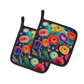 Colorful Ranunculus Pair of Pot Holders Kitchen Heat Resistant Pot Holders Sets Oven Hot Pads for Cooking Baking BBQ, 7 1/2 x 7 1/2 (Option: default)