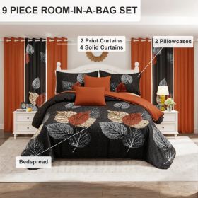 9 Piece Soft All-Season Washed Microfiber Cover Set , Queen/King/Calking Bedding Set With Pillowcases,Bedspread Print Curtains & Solid Curtains,P (Option: Brown/Black Leaf-KING)