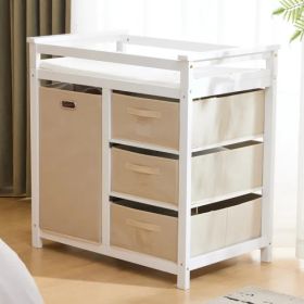 White painted pine wood frame, removable top, 87*53*87.5cm children's wooden bed with 3 fabric drawers + 1 fabric bag, and a changing table (Option: default title)