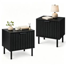 Black Fluted Drawer Nightstand Set of 2, Engineered Wood Metal Side End Table with Adjustable Foot Pads, Modern Storage Bedside Table for Small B (Option: default title)