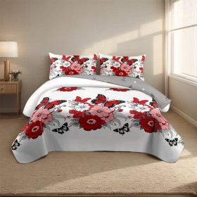 Red Floral Butterfly 4-Piece Duvet Cover Set with Fitted Sheet and 2 Pillowcases, Botanical Bedding Set for Queen, King and California King Beds (Option: QUEEN)