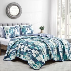 3-Piece White & Blue Abstract Reversible Quilt Set - Queen (Option: 68424757)