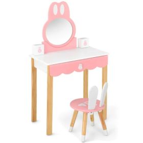 Kids Rabbit Vanity Table Set With Removable Shatter-Proof Mirror, Pink & White Makeup Desk With Drawer And Chair For Girls (Option: defaulttitle)