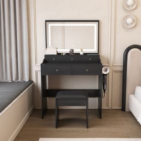 New Large Mirror Vanity Desk for Bed room , Modern Makeup Vanity Set with Power Outlet and Hair dryer holder, 5 Drawers , 3 Lighting Color Adjust (Option: default title)