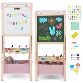3-in-1 Wooden Kid's Easel Natural+Pink, Magnetic Chalkboard/Whiteboard 60 Accessories (Option: default title)