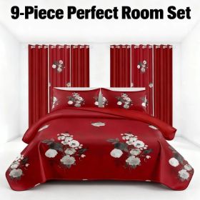9-Piece Burgundy Red Floral Bedding & Curtain Combo Set, Vibrant Crimson Quilted Bedspread with 6 Light Filtering Window Panels & 2 Shams, Easy C (Option: Burgundy / Crimson Red Floral-QUEEN)