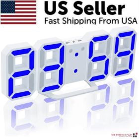 Digital 3D LED Big Wall Desk Alarm Clock Snooze 12/24 Hours Auto Brightness USB (Option: blue)