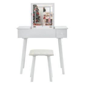 Vanity Table Set with LED Mirror, Flip Top Makeup Dressing Table Writing Desk with Cushioning Makeup Stool Set, 2 Drawers, White (Option: As picture)