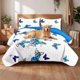 3-Piece Blue Butterfly Quilted Bedspread Set For King And California King (Option: King)