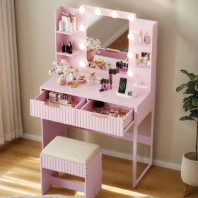Pink particleboard with a melamine finish, a 2-drawer, 4-shelf dressing table set with 10 three-tone light bulbs, a power strip, and a grille. (Option: default title)