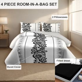 4 Piece Soft All-Season Washed Microfiber Cover Set , Queen/King/Calking Bedding Set With Zipper Closure, Sheet, Pillowcases,Print, Moisture-Wick (Option: black/white boho flower-QUEEN)