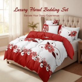 Red White Floral Duvet Cover Set 5-Piece, Queen Size - Includes Duvet Cover with Ties, 2 Pillowcases & 2 Decorative Shams | Ultra-Soft Microfiber (Option: Red White Floral-California King)