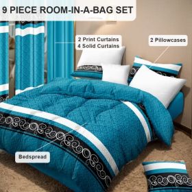 9-Piece Turquoise Swirl Bedding & Curtain Set (Queen/King/Cal King) - Quilted Microfiber Bedspread + Sheer Curtains (Option: blue/black boho-CAL KING)