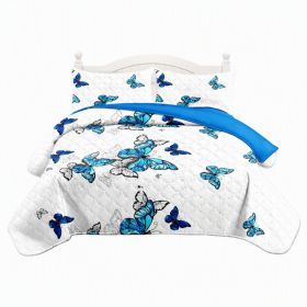3-Piece Blue Butterfly Quilted Bedspread Set For King And California King (Option: California King)
